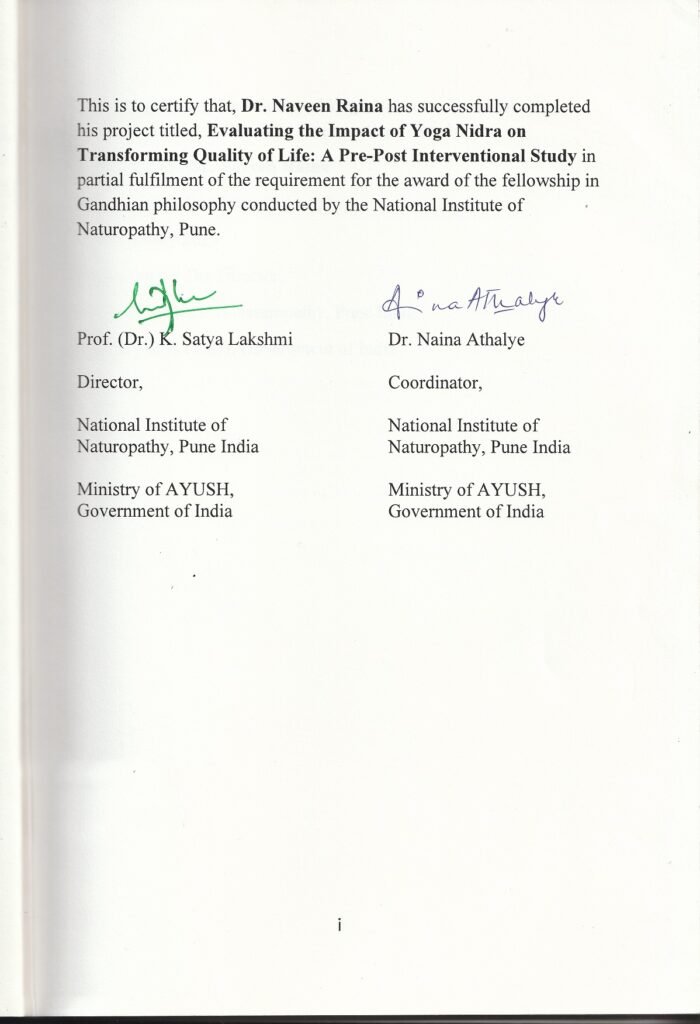 Impact of Yoga Nidra, on transforming the quality of life, study, Dr. Naveen Raina, National Institute of naturopathy, Pune, India, Ministry of Ayush, Government Of India